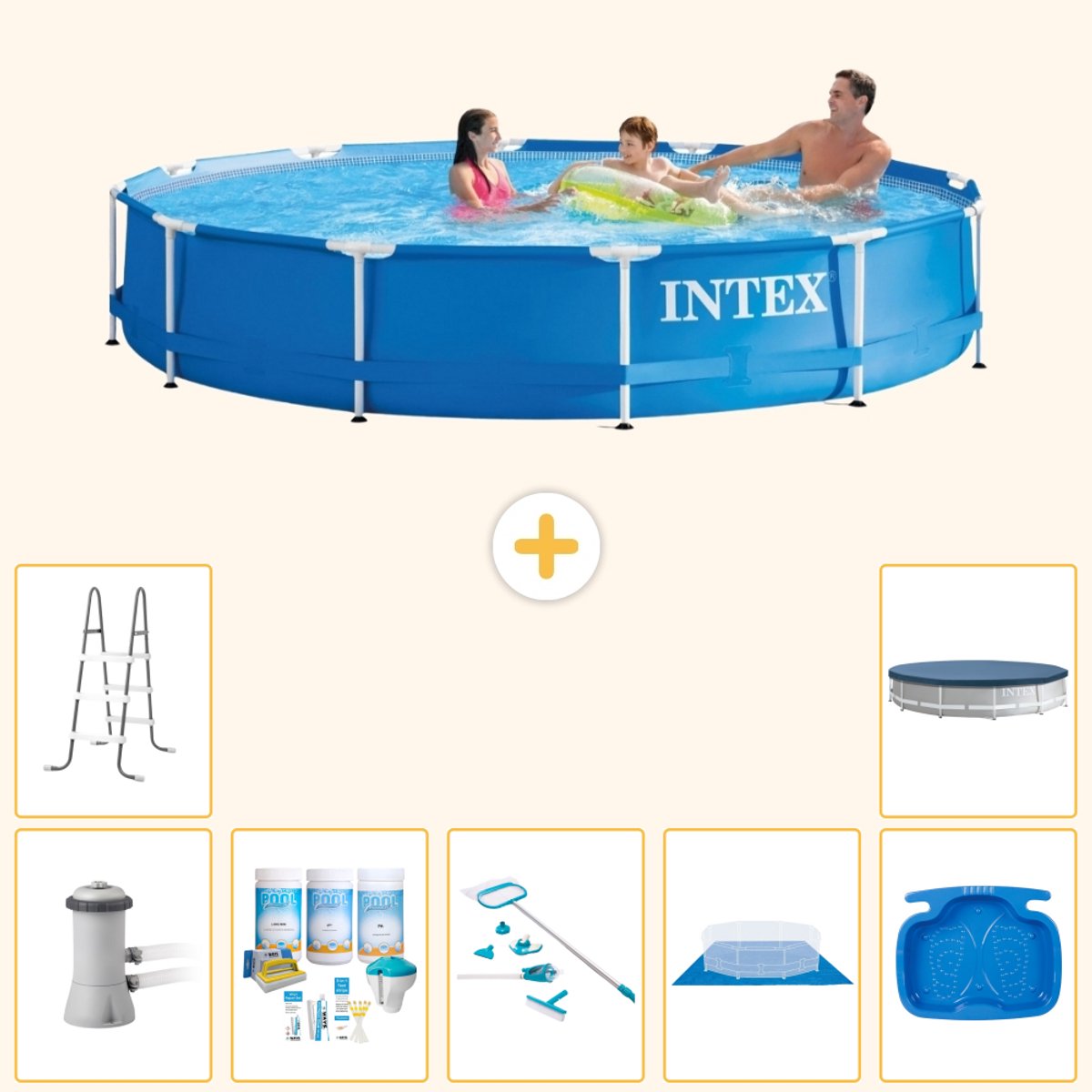 Intex Rond Frame Zwembad - 366 x 76 cm - Blauw - Inclusief Pomp - Onderhoudspakket - Schoonmaakset - Grondzeil - Voetenbad - Ladder - Afdekzeil - 8-delig