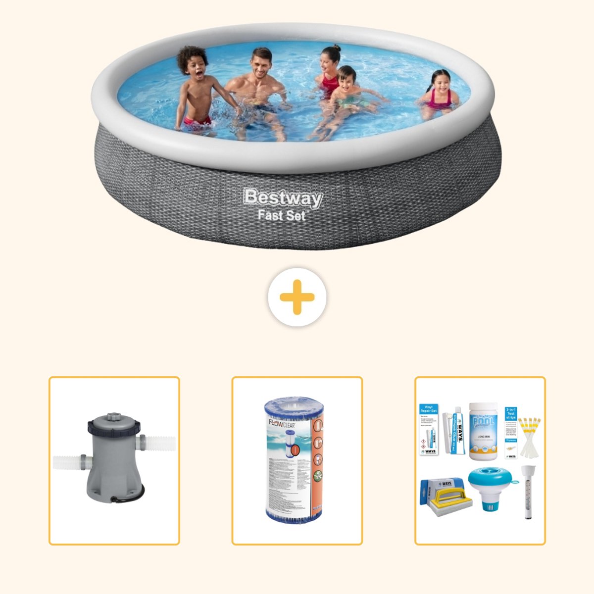 Bestway Rond Opblaasbaar Fast Set Zwembad - Rotanprint - 366 x 76 cm - Inclusief Pomp - Filter - Onderhoudspakket - 4-delig