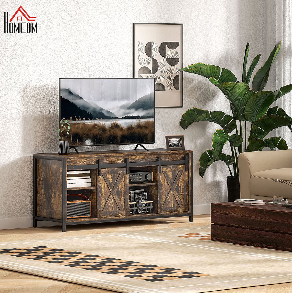 COVREO TV-meubel 120 x 40 x 54 cm - lowboard met schuifdeuren, open vakken en metalen frame, bruin