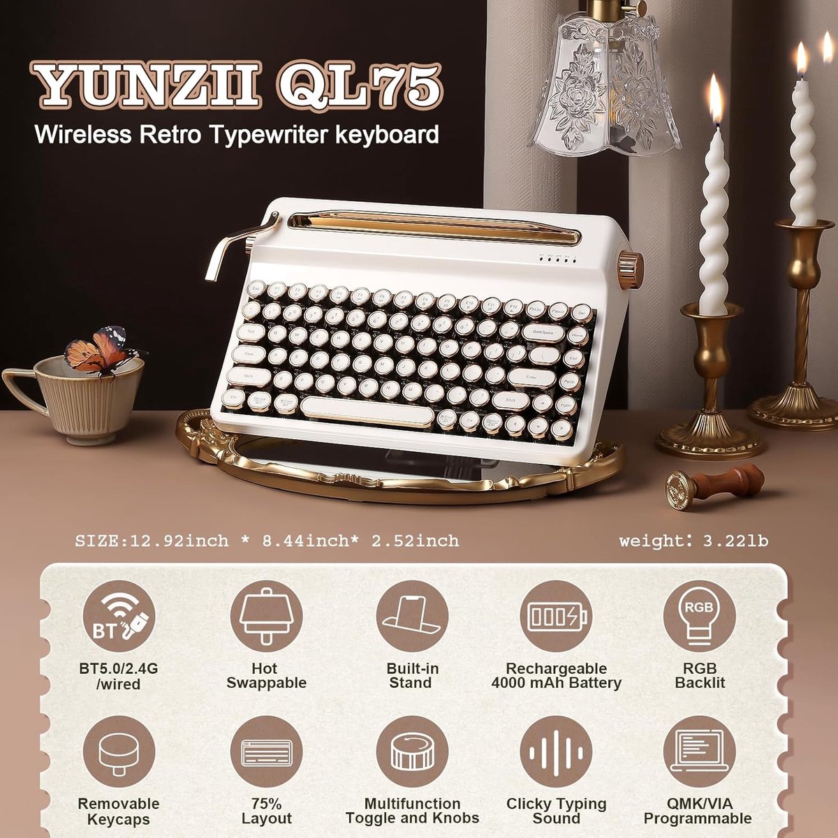 Thijox - Retro Mechanisch Toetsenbord YUNZII QL75 Draadloos Typewriter Toetsenbord RGB Backlit Hot Swappable Multi-Apparaat Wit Onyx Tactile thumbnail 6