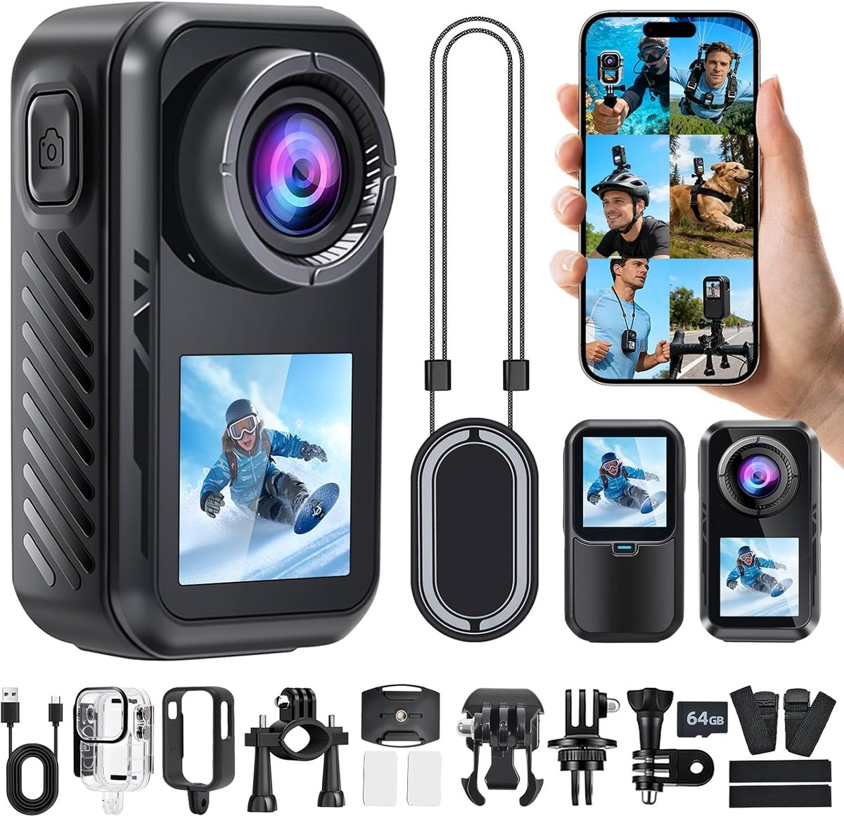 Thijox - Action Cam 4K WiFi met Dual Screen, Elektronische Beeldstabilisatie, Bodycam en Helmcamera voor Motorfiets, 360° Actiecamera voor Avonturen e