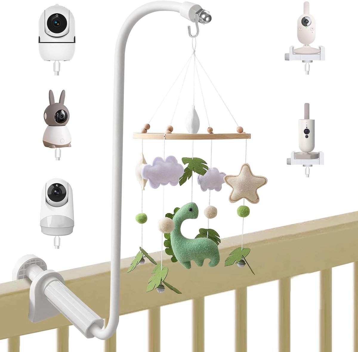 Thijox - Multifunctionele Babybedhouder en Mobiel 68 cm, Verstelbaar, Ophangingssysteem, Gong, Babyfoon, Camera, Geschikt voor Kinderen en Peuters