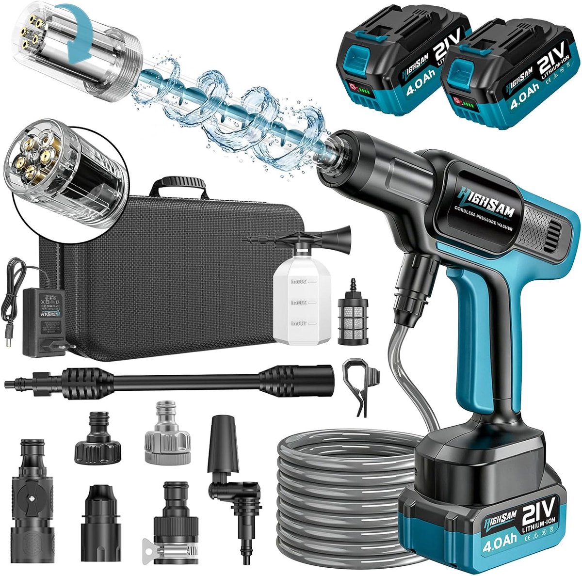 Thijox - Accu-Hogedrukreiniger 3000 W Borstelloze Motor, 120 Bar, Draadloze Mobiele High-pressure Washer met 2 Accu's van 4,0 Ah, 5-in-1 Draaibare Spr