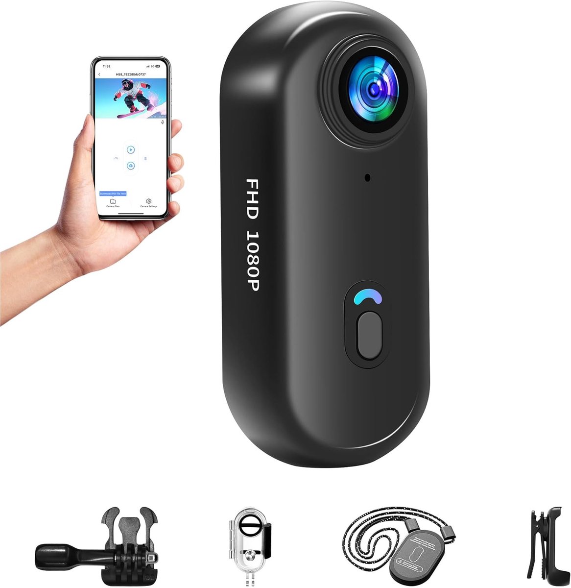 SnelShoppen - Mini Action Cam Wifi 1080p Onderwatercamera, Waterdicht tot 30m, 360° Helmcamera, Handsfree POV, Motorfiets, Fiets, Bodycam, Mini-camera