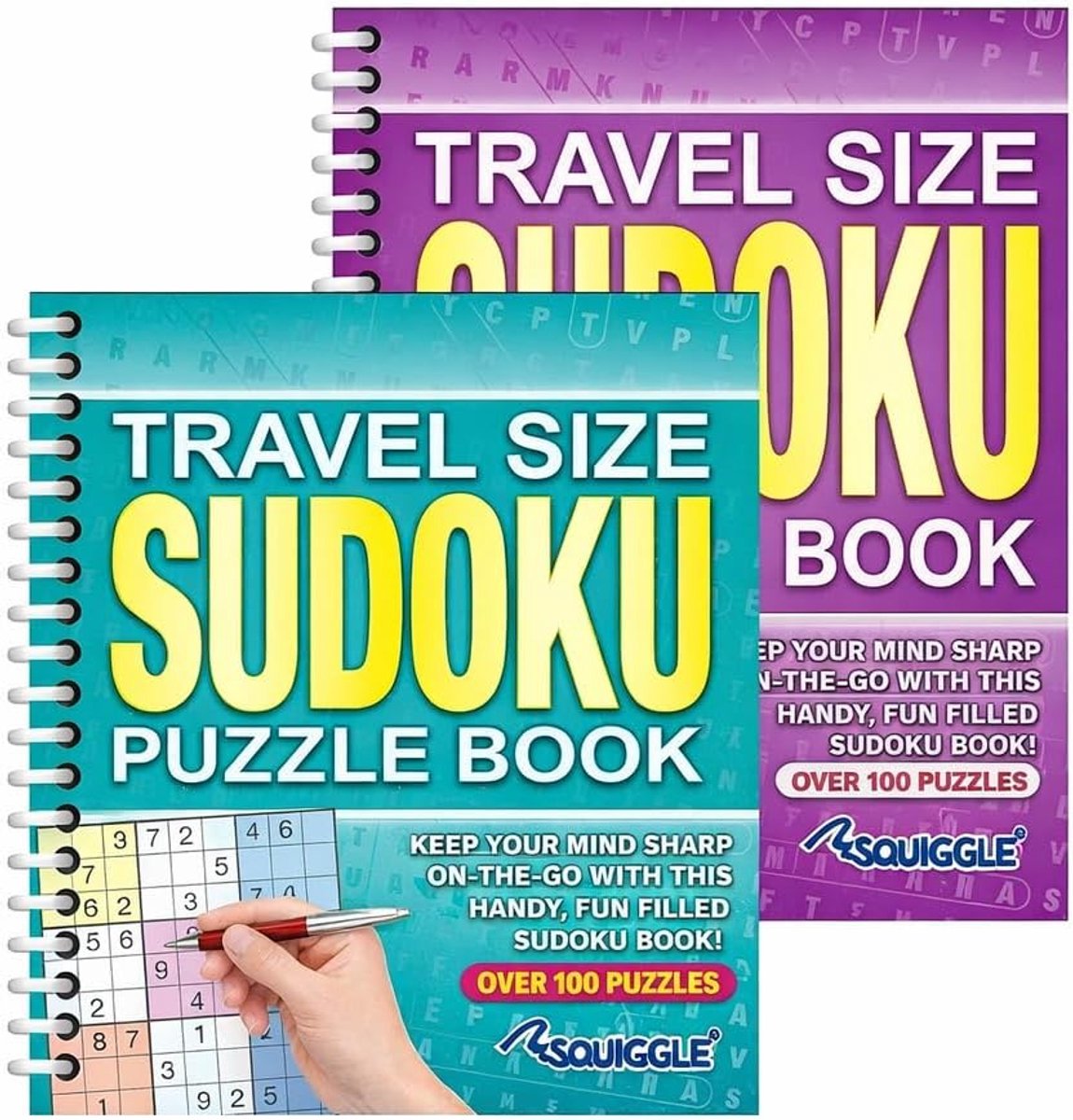 Sudoku Puzzel Boeken - Reis Puzzels - Hersentraining Onderweg - Spiraalbinding Plat - Set van 2 A5 - Paars Turquoise