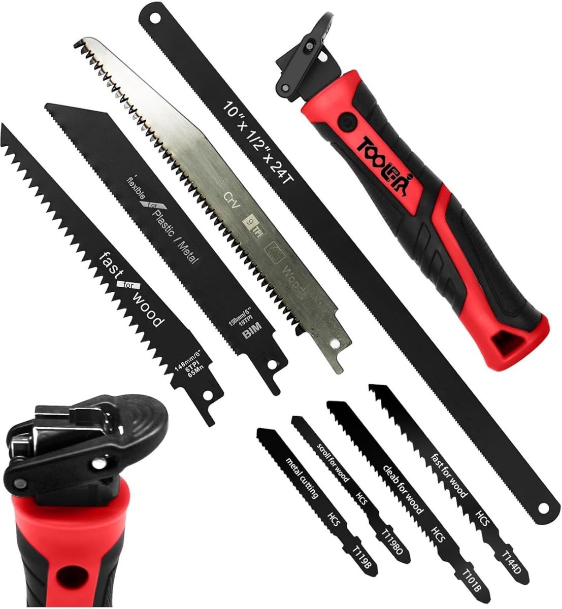 SnelShoppen - Magicbox Handzaag 8-in-1 Set - Rood - Metaalzaag met Snelwisselsysteem - 8 Messen voor Hout, Metaal, PVC - Ergonomisch en Zelfvergrendel