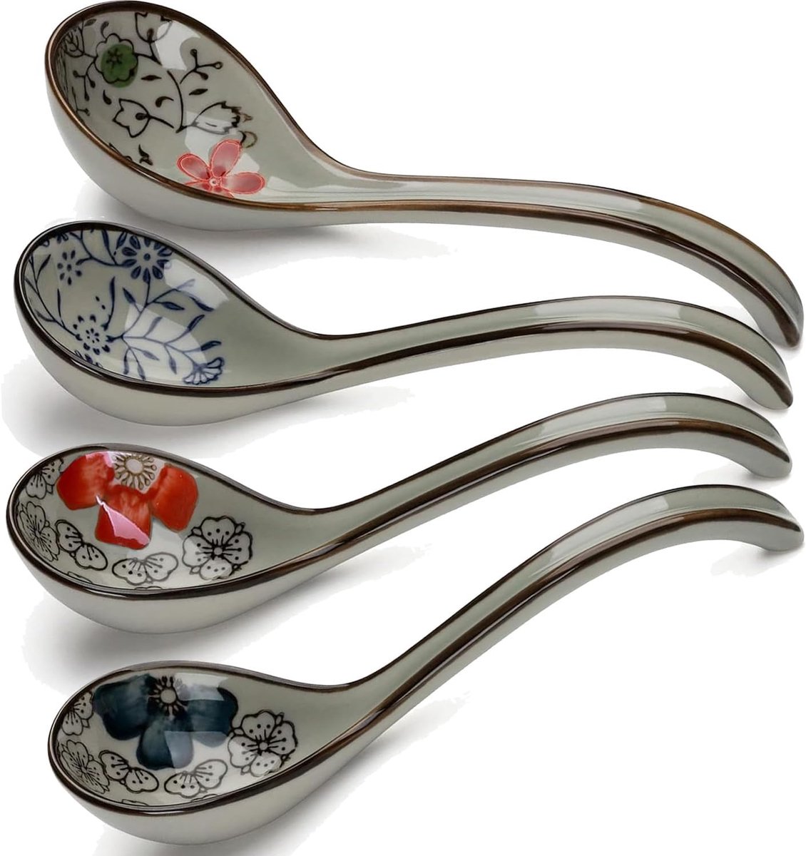 Thijox - Set van 4 Aziatische keramische soeplepels, Japanse ramenlepels voor ramen, pho, granen, wonton, knoedels, miso - Creatieve porseleinen lepel