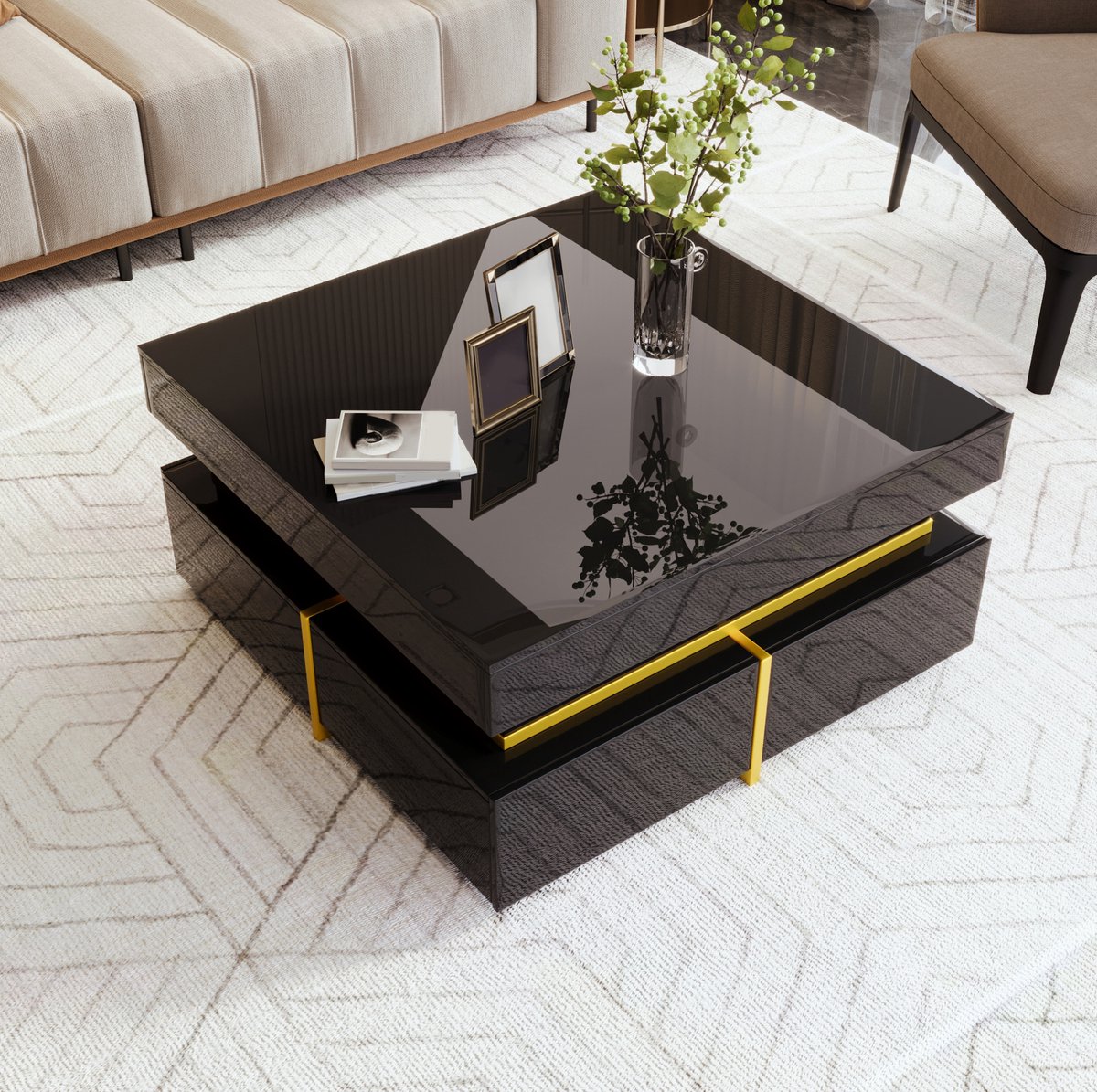 COVREO Salontafel 70 x 70 x 35,5 cm - hoogglans zwart met 2 lades en gouden accenten