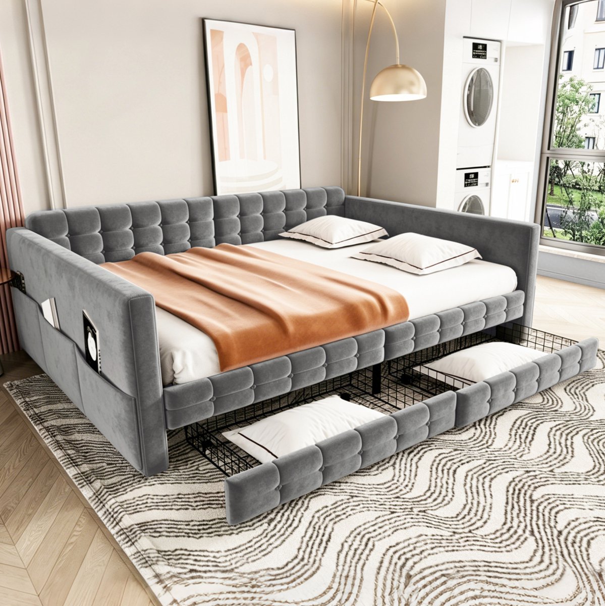 OKWISH Slaapbank 140x190 cm - Met Klassiek Gestikt Hoofdbord en Lattenbodem - Met Opbergruimte en 2 Laden - Zonder Matras - Stof - Grijs