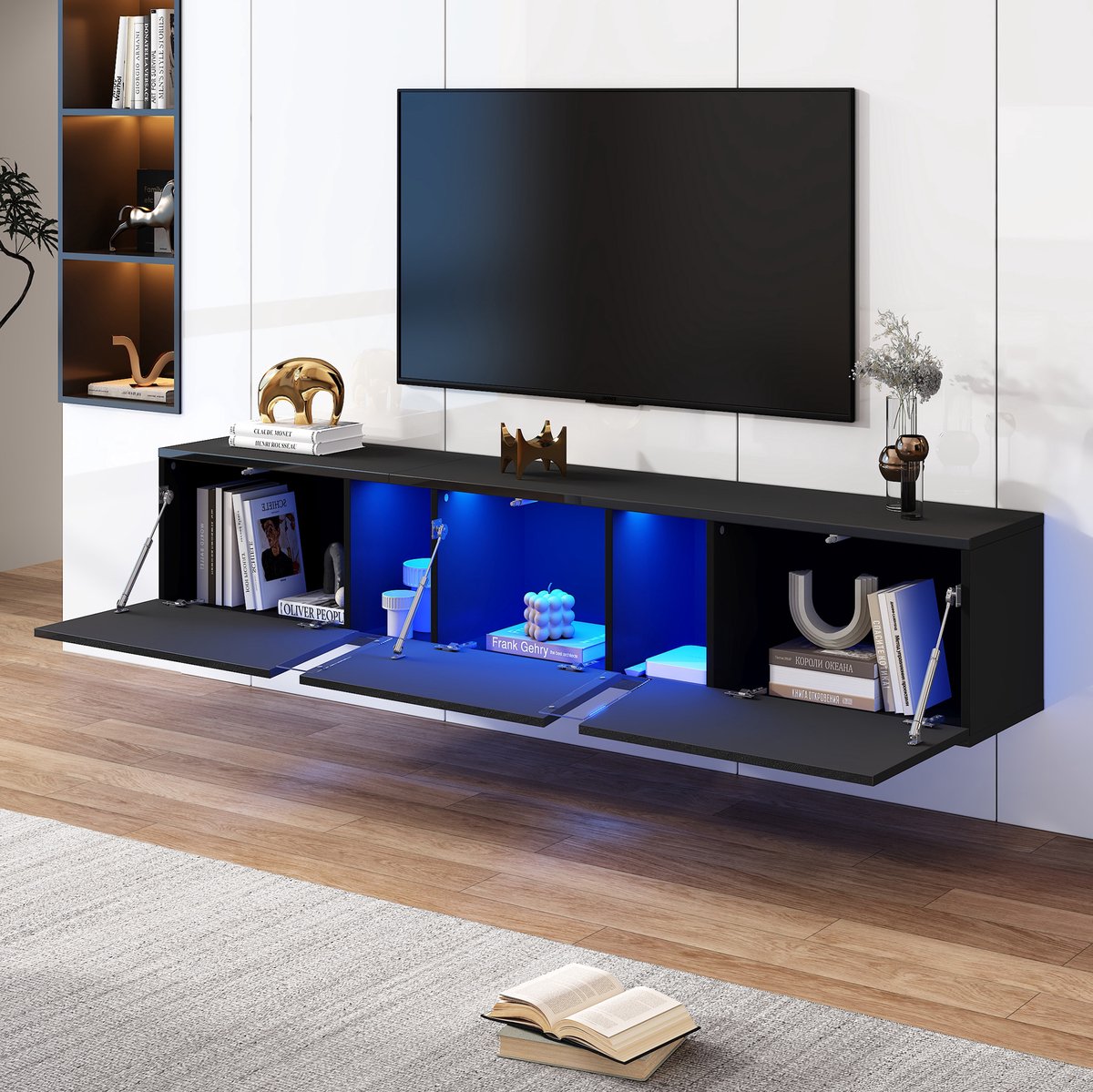 OKWISH TV-Meubel - Wandgemonteerd Met App-Gestuurde Ledverlichting - Geschikt Voor 75 Inch Tv - 3 Klepdeuren - Hoogglans Zwart - 180x35x30 cm