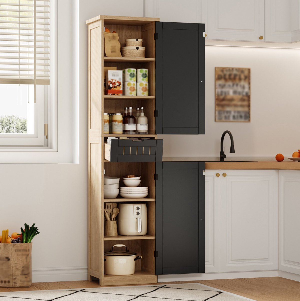 OKWISH Keukenkast - 170 x 40 x 30 cm - 2 Deuren, 1 Lade En 4 Verstelbare Planken - Opbergruimte Voor Keuken Of Woonkamer - MDF Naturel Zwart
