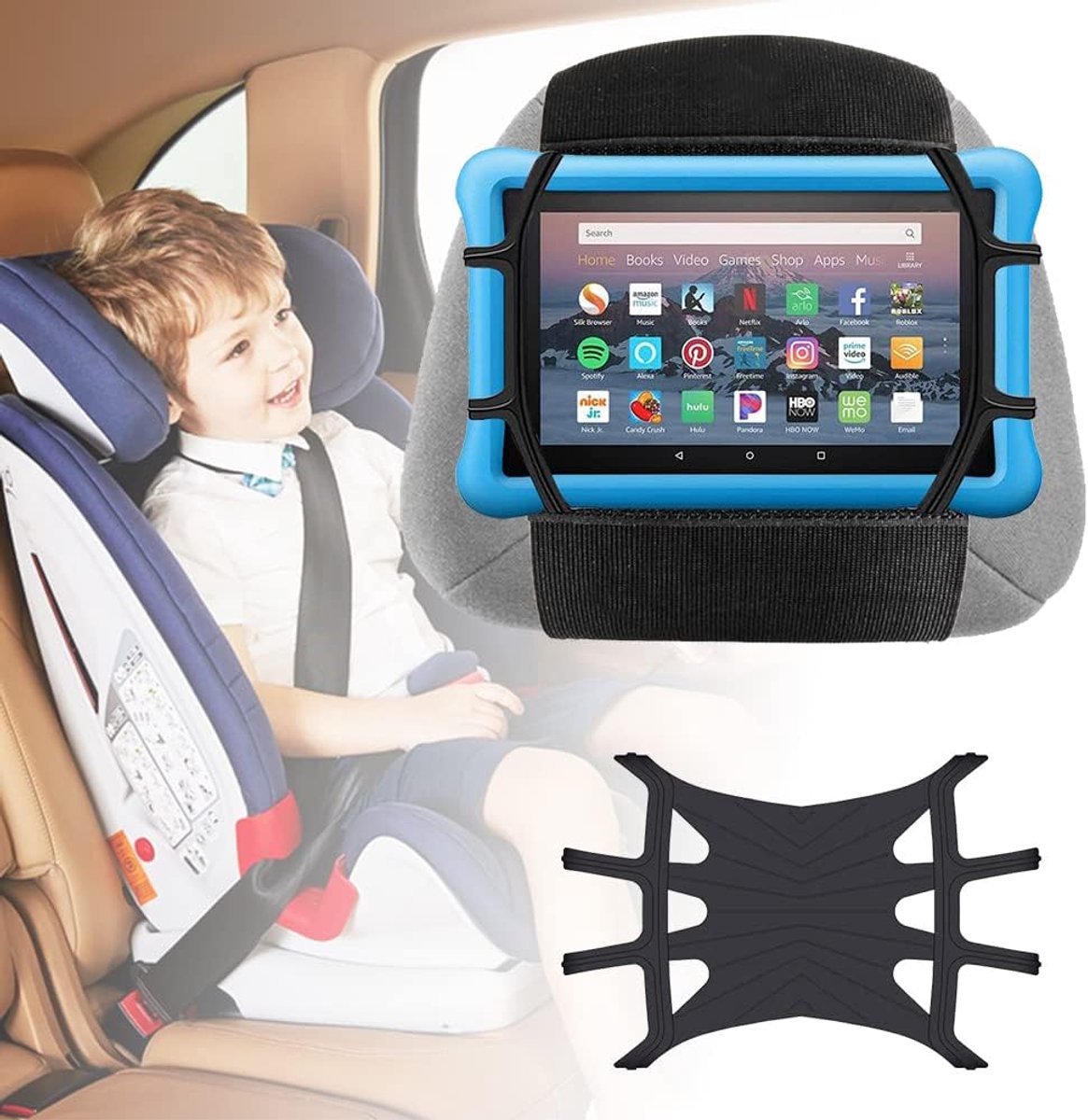 Thijox - Tablet houder auto vrachtwagen hoofdsteunhouder, universele iPad houder met groot siliconen houdernetje voor Kindle Fire en tablets (7,9''-12