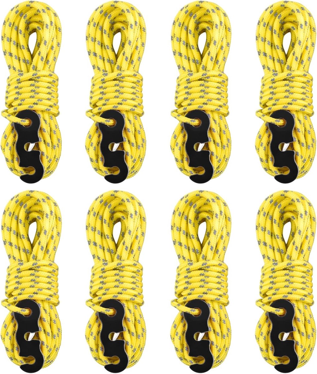 Reflecterende 4m Guy Ropes met Paracord en Kabelspanner voor Tent en Tarpaulin, Ideaal voor Kamperen (Geel, Set van 8)
