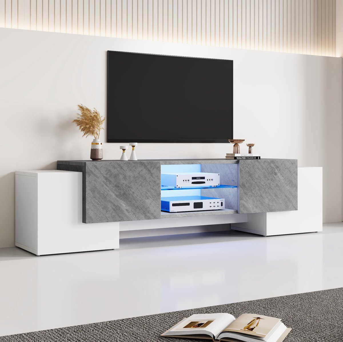 COVREO TV meubel 180 x 40 x 46,5 cm - wit en grijs, met LED-verlichting en 4 deuren