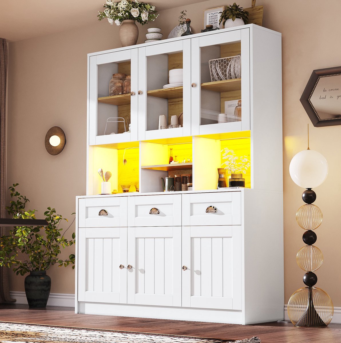 COVREO Keukenkast 140x40x175 cm - MDF buffetkast met LED-verlichting, verstelbare planken en lades, wit
