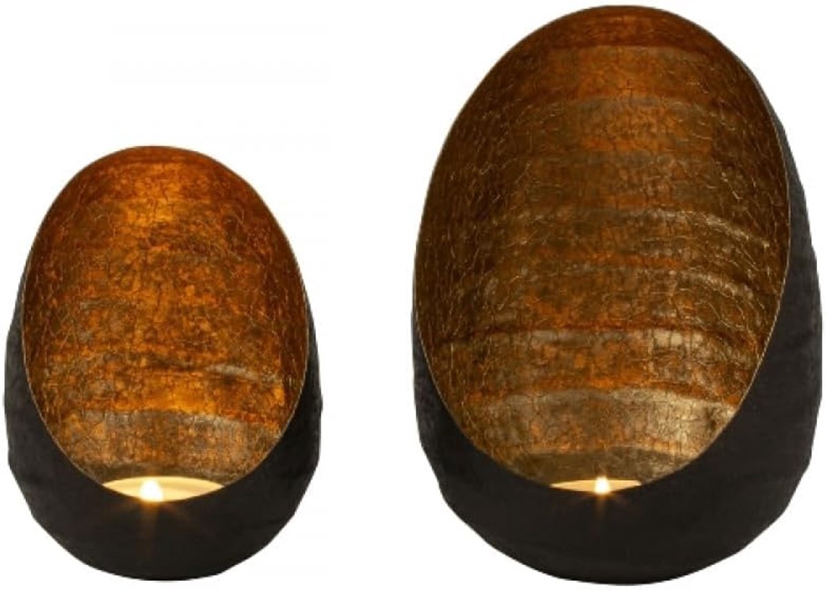 Theelichthouders Set - Waxinelicht houders - Sfeervolle Decoratie - Twee Maten - Hoogte 155 & 21cm - Zwart Goud