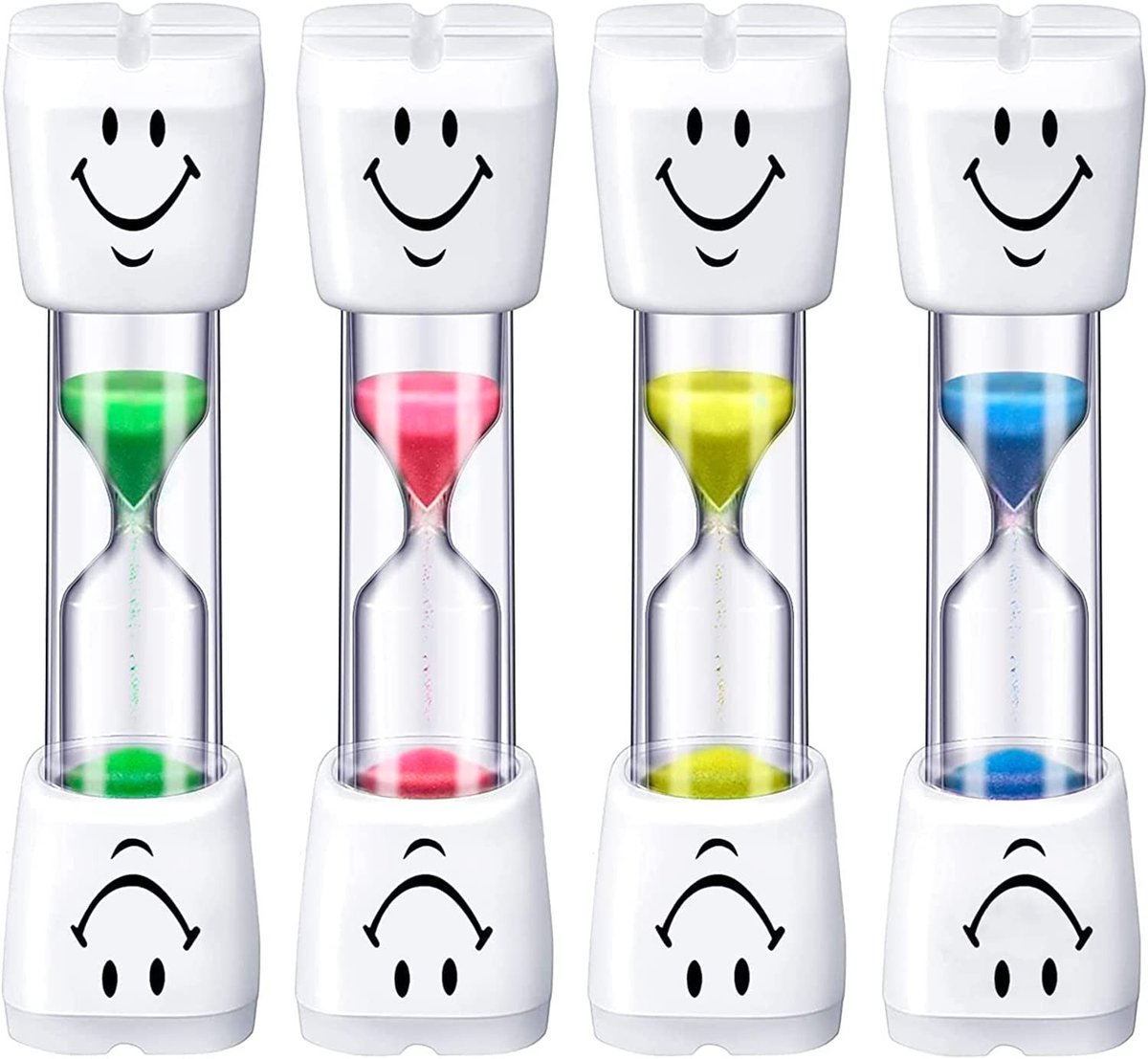 Dailygoods- Zandloper 3 Minuten Timer - 4 Stuks - Tandenpoetsen - Duurzaam PVC - Aftelberekening - Schattig Glimlachpatroon - Onbreekbaar