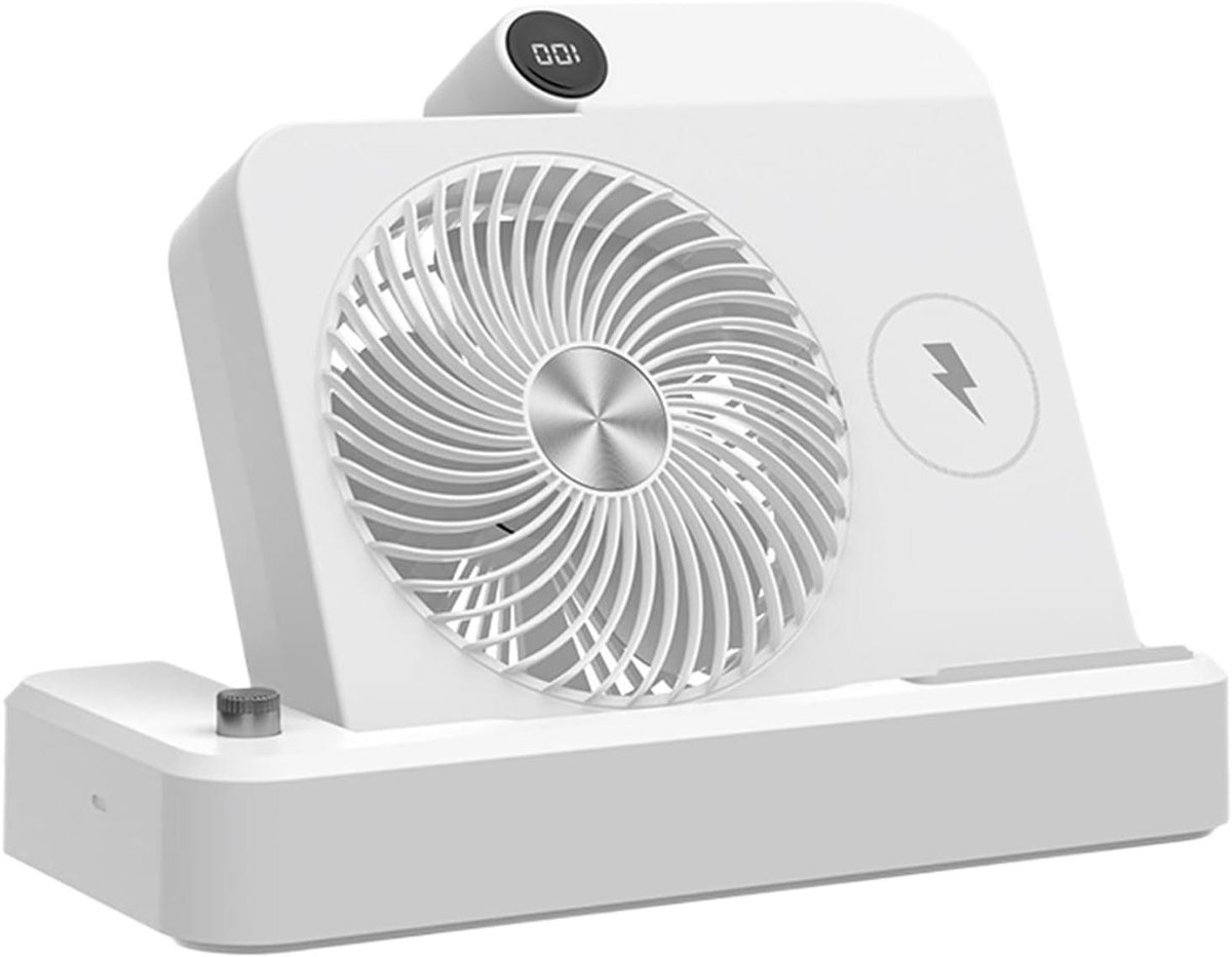 Bureauventilator - Persoonlijke Koeler - Comfortabele Werkplek - Draadloze Telefoonlader - 100 Snelheden - Wit