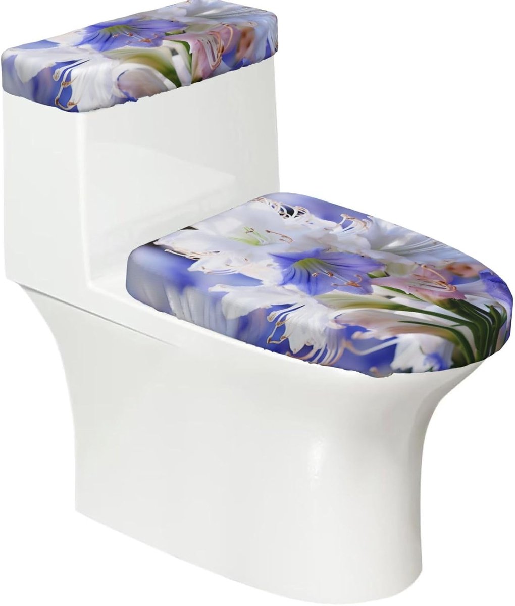 Toiletdeksel Hoezen Set - WC Zitting Covers - Badkamer Decoratie - Zachte Rekbare Stof - 2 Stuks - Blauw Wit