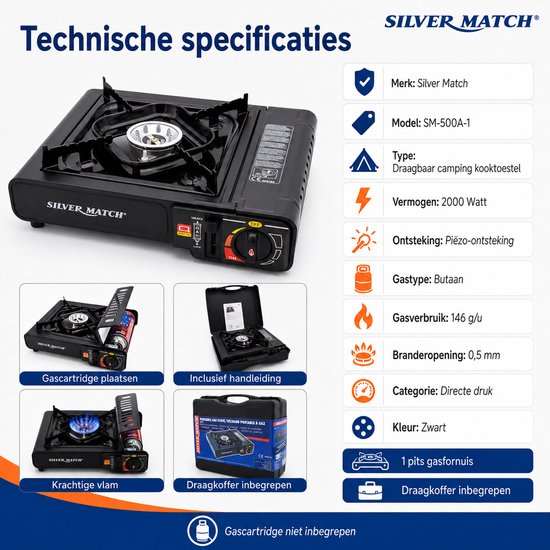 Silver Match Camping Kooktoestel - Camping Gasstel met Draagkoffer - Gasfornuis 2000 Watt - Gastoestel Camping 1 pit - Zwart — afbeelding 5