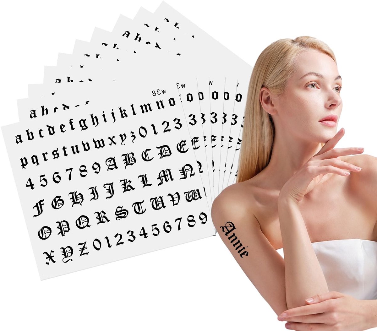 Dailygoods- Tattoo Stickers 720 Stuks - Tijdelijke Tattoo's - Gothic Letters/Cijfers - Alfabet Stickers - Lichaamskunst - 10 Vellen - Tijdelijke Tattoos