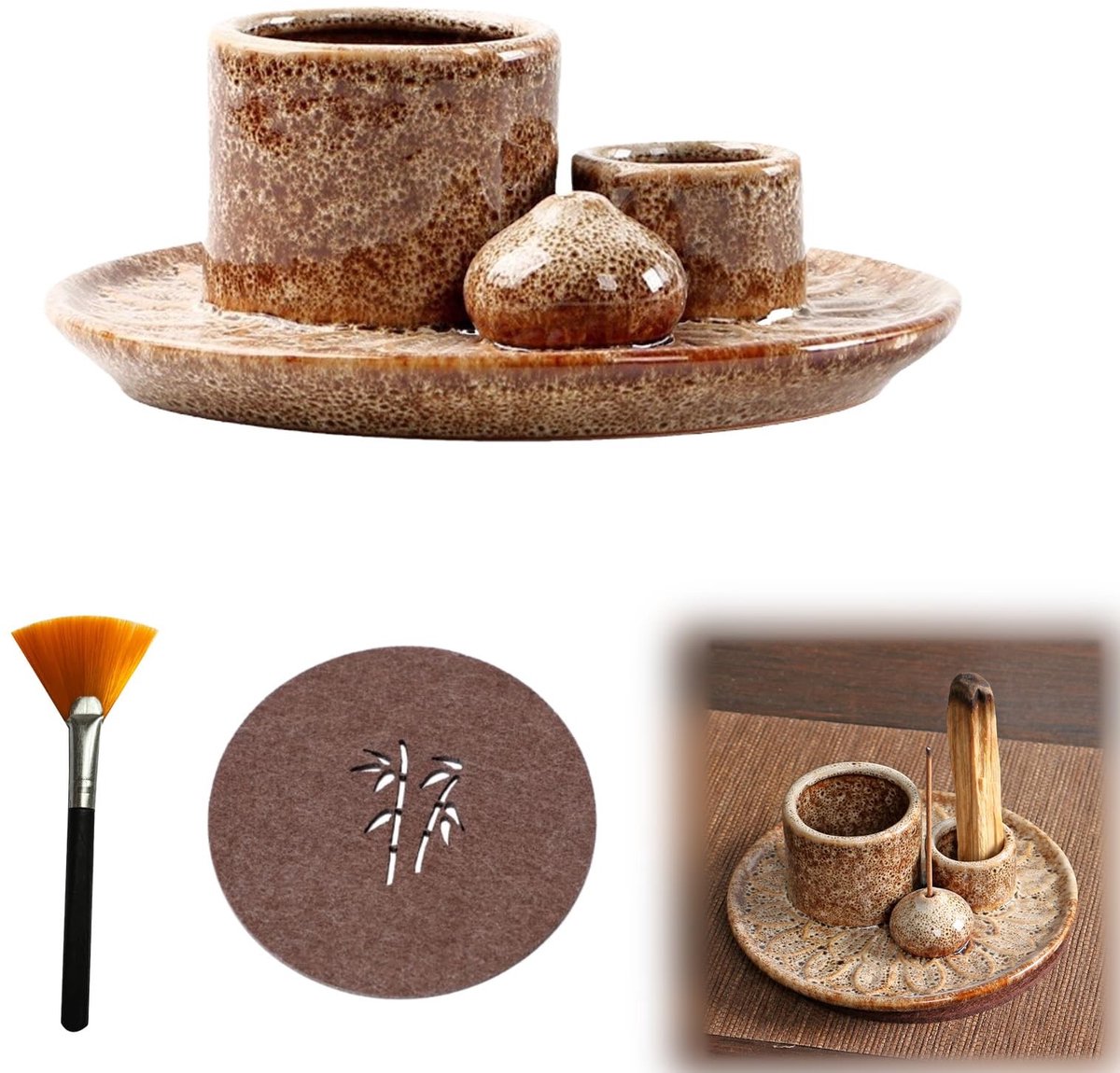 Dailygoods - Palo Santo 4-in-1 wierookstokjeshouder van keramiek, voor alle wierookstokjes, Palo Santo, Lotus wierookvat met asopvangbak voor yoga en meditatie