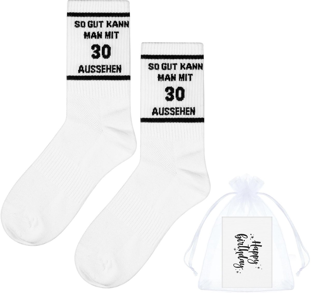 Dailygoods- Verjaardagssokken 30e verjaardag - Cadeauset - Verjaardagskaart - Organza zakje - Grappig ontwerp - Geschikt voor man/vrouw - Cadeausokken