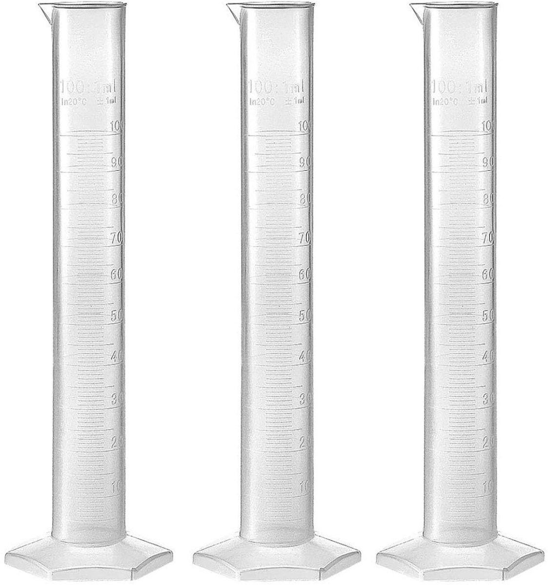 Plastic Gegradeerde Cilinder - 100ml - Nauwkeurige Vloeistofmeting - Wit - Keuken en Lab - Set van 3