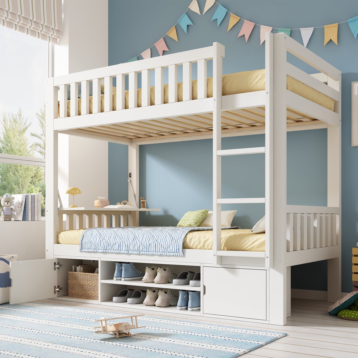 MEUNIQ kinder stapelbed 90x200 cm wit met inklapbaar bureau, schoenenrek, kasten met deuren en lattenbodem, bedframe voor kinderkamer, zonder matras