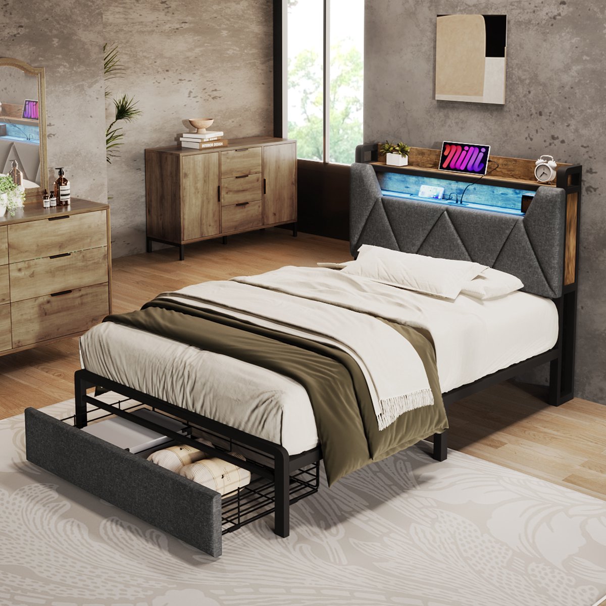 MEUNIQ eenpersoonsbed 90 x 200 cm met opbergkopstuk, LED-verlichting, USB en Type-C, bedlade, lattenbodem en metalen frame, grijs