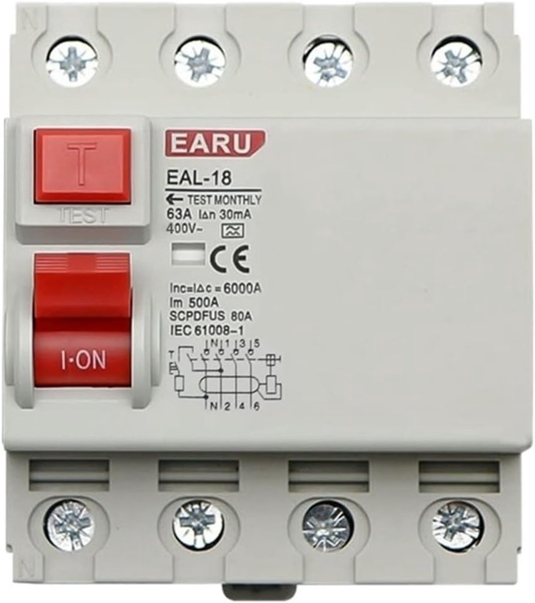 Aardlekschakelaar - Veiligheidsschakelaar - Stroombeveiliging - Type A detectie - 4P 300mA - Grijs