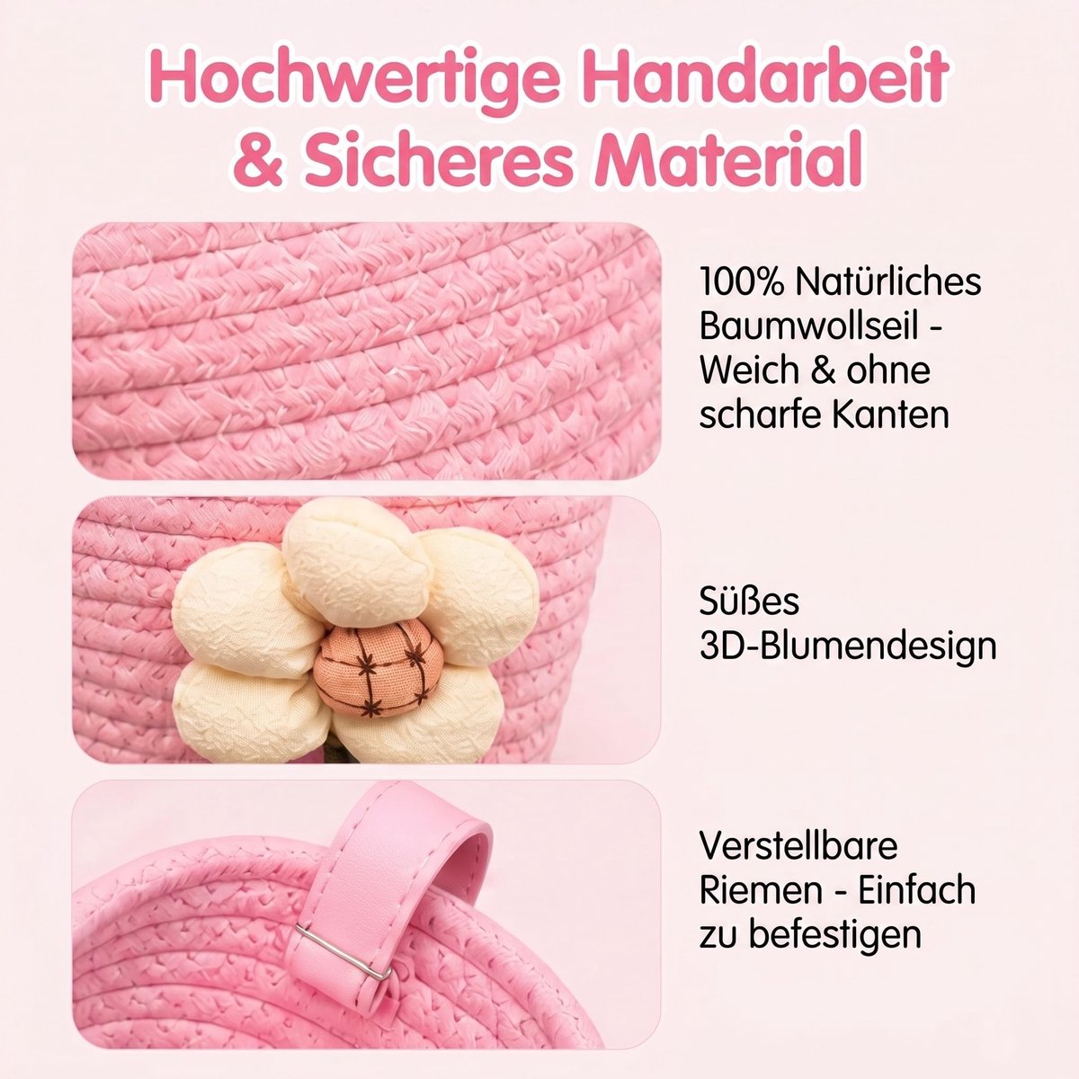 Dailygoods- Fietsmand Kinderen - Gevlochten - Roze Kleur - Bloemen - Duurzaam Materiaal - Afneembaar - Kinderfietsmand