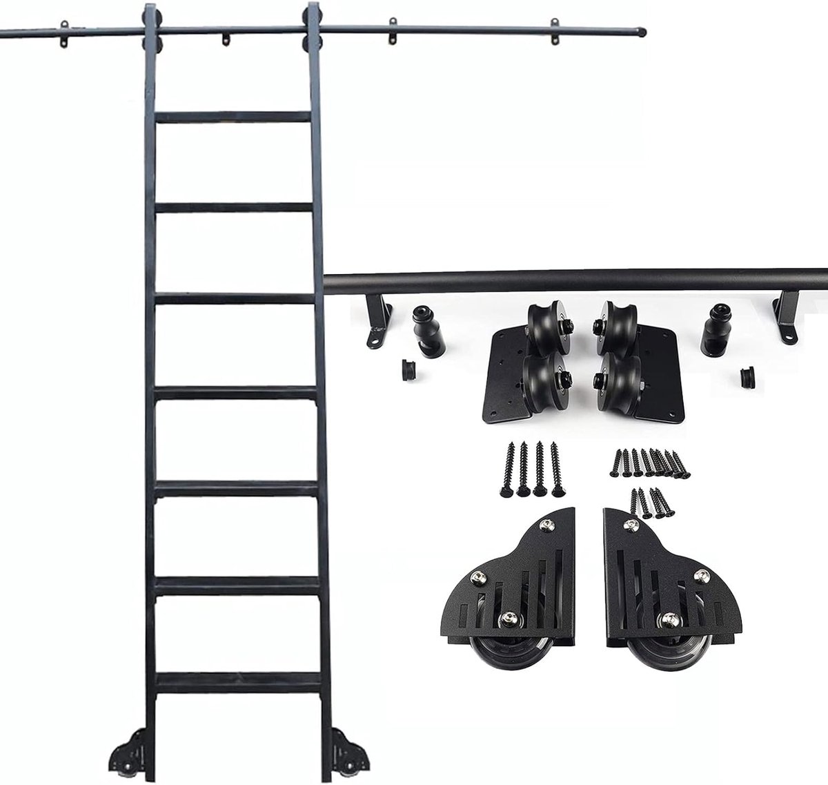 Ladder Rolrail Kit - Bibliotheek Ladder Track - Zelf Hulp - Verstelbare Beugels - 3.3ft - Zwart