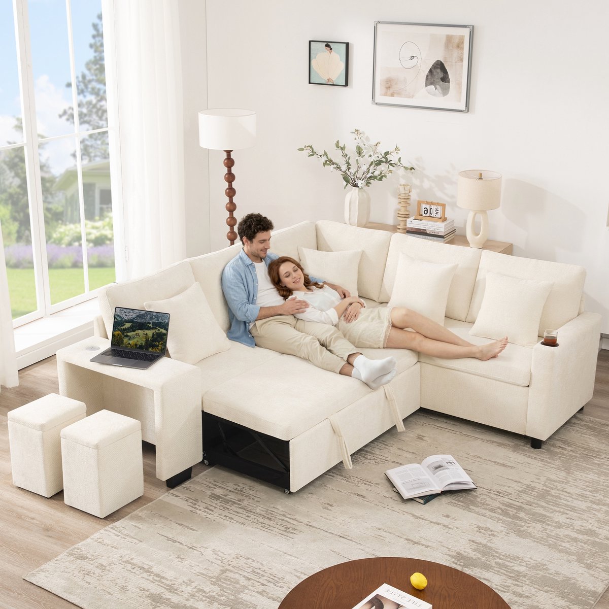DESMIU Hoekbank 220 x 205 cm - Slaapbank Met Opbergruimte, USB En USB-C, Omkeerbare Chaise Longue - Voor Woonkamer - Chenille Beige