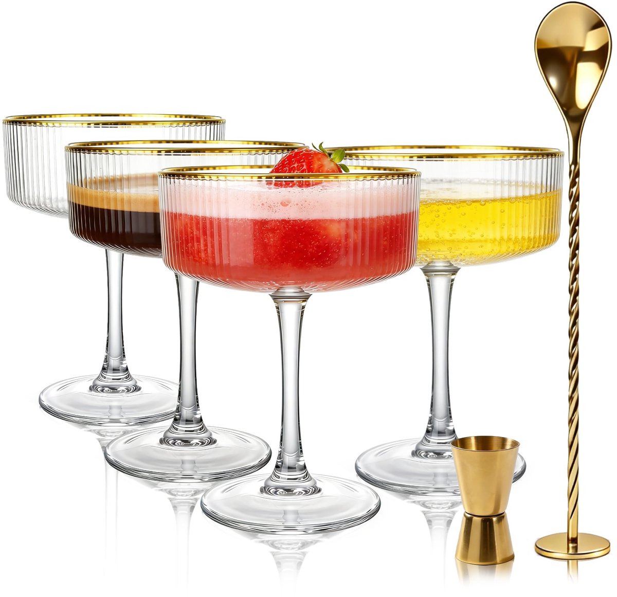 Dailygoods- Cocktailglazen Set van 4 - Geribbelde Coupé Glazen 318ml - Luxe Martini Glazen - Gouden Rand - Cocktail Accessoires - Perfect voor Cadeau
