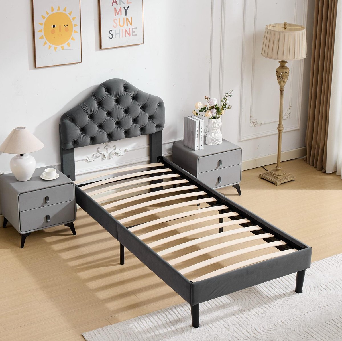 MEUNIQ gestoffeerd eenpersoons bedframe 90x200 cm met verstelbaar hoofdbord en houten lattenbodem, normaal bed voor slaapkamer of logeerkamer, grijs
