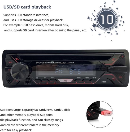 Auto Radio - CD Speler - Muziek Afspelen - Bluetooth Handsfree - 1 Din - Zwart — afbeelding 2
