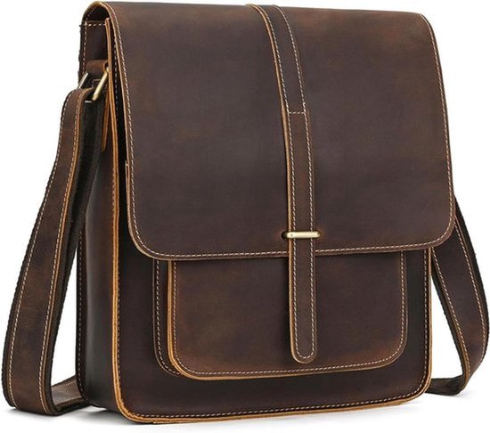 Kleine Vintage Leren Schoudertas voor Heren - Geschikt voor 9,7 inch iPads - Echt Leder - Messenger tas - Bruin