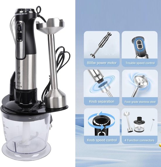 Handblender met accessoires - Staafmixer set - Maaltijden bereiden - Krachtige 300W motor - 500 ml beker - Zwart — afbeelding 2
