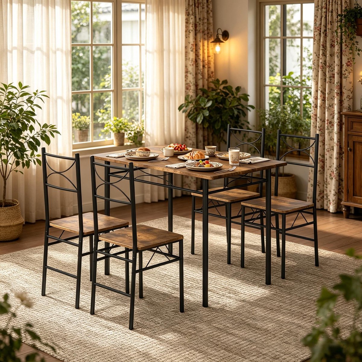 FloraGrace Eettafelset Voor 4 Personen - Modern Design Voor Eetkamer Balkon En Bistro - MDF En Metaal - Rustiek Bruin