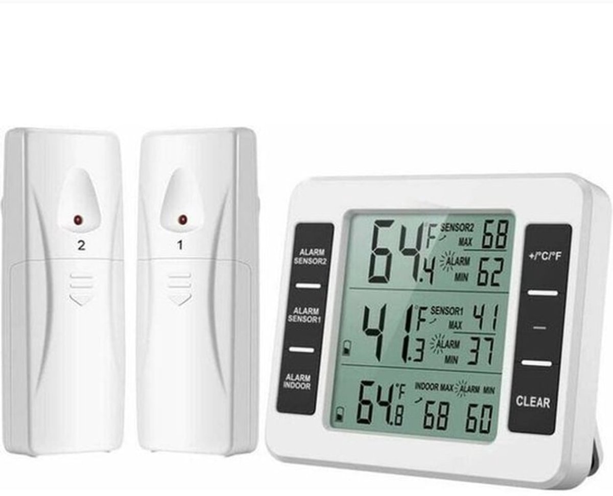 Vriezerthermometer, koelkastthermometer met 2 sensoren, hoorbaar alarm, geeft minimum/maximumtemperatuur weer.