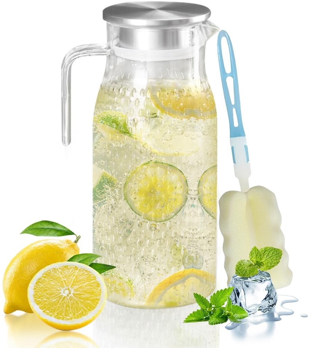 Dailygoods- Waterkaraf 1,6L met roestvrijstalen deksel - Kunststof drinkkan - Lichtgewicht en duurzaam - Onbreekbare karaf - Handgreep - Voor koelkast en feestjes - Drankkan
