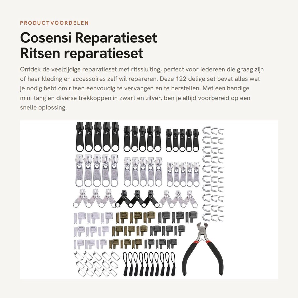 Dailygoods- Reparatieset 122-delig - Ritssluiting - Ritstrekker - Vervanging - Mini-tang - Duurzaam metaal
