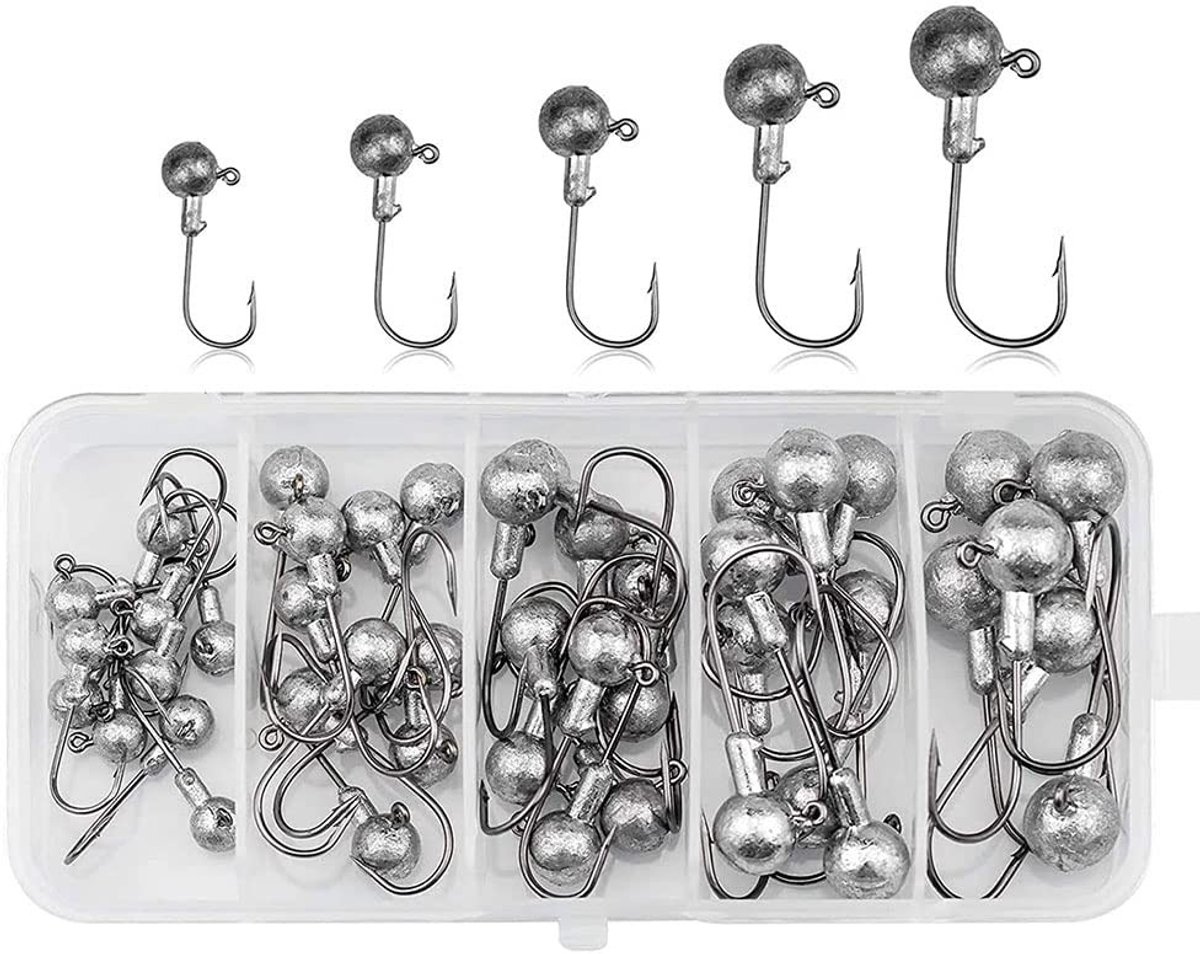 Dailygoods - 45 Stuks Fishing Offset-Haken Set,Vishaken Assortiment Lood-kop-Vishaak Set Met Verschillende Maten Jighaken met Ronde Jighead 2g 3.5g 5g 7g 10g