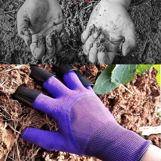 Paarse tuinhandschoenen met zwarte ABS-klauwen in de aarde, vergeleken met blote vuile handen.