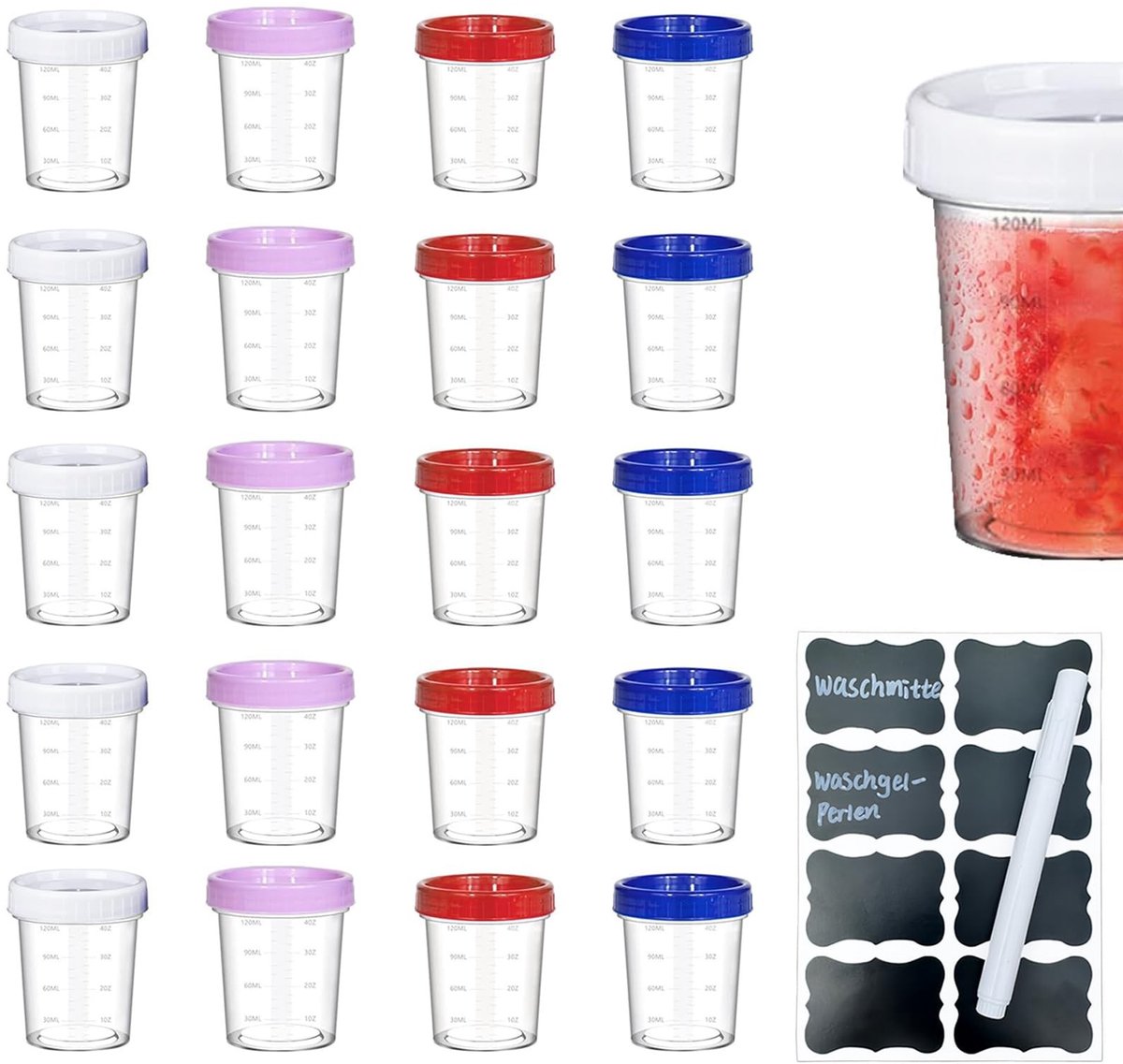 Dailygoods - 20 stuks vershouddozen met deksel, 120 ml vriescontainer, kleine dozen met deksel plastic, met blanco etiket, ronde vriescontainer, diepvriesdoos, mini-voorraaddozen met meetschaal