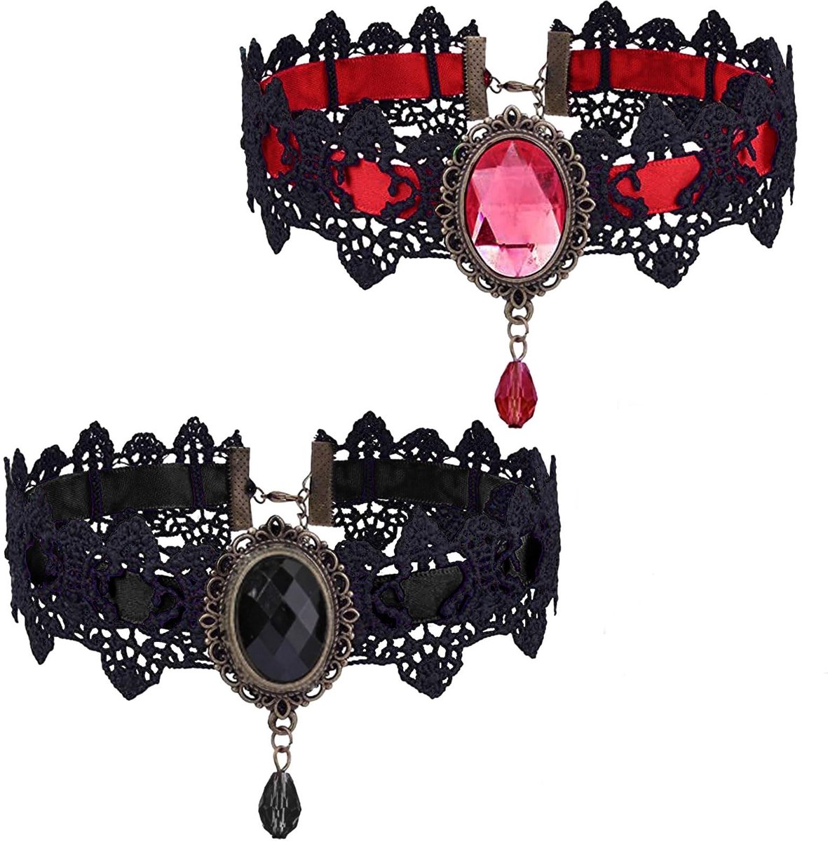 Dailygoods- Chokerkettingen Set van 2 - Gotische Kanten Choker - Elegante Strass Kraag - Steampunk/Vampierchoker - Zwart/Rood - 35 cm Lengte - Sieraden