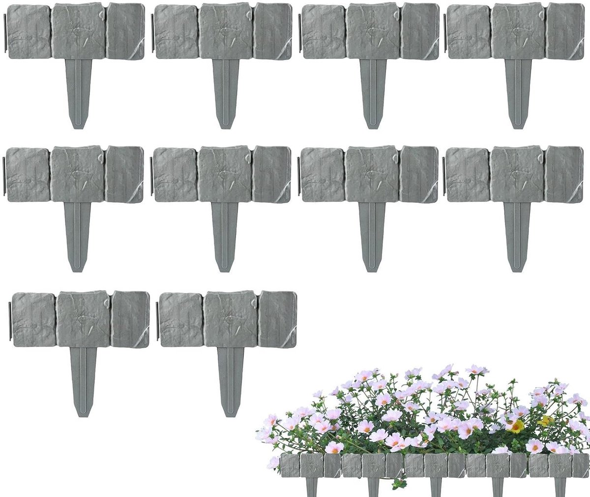 Stenen borderrand - Tuinafscheiding set - Tuin decoreren - Flexibele lay-out - 10 Delig - Grijs