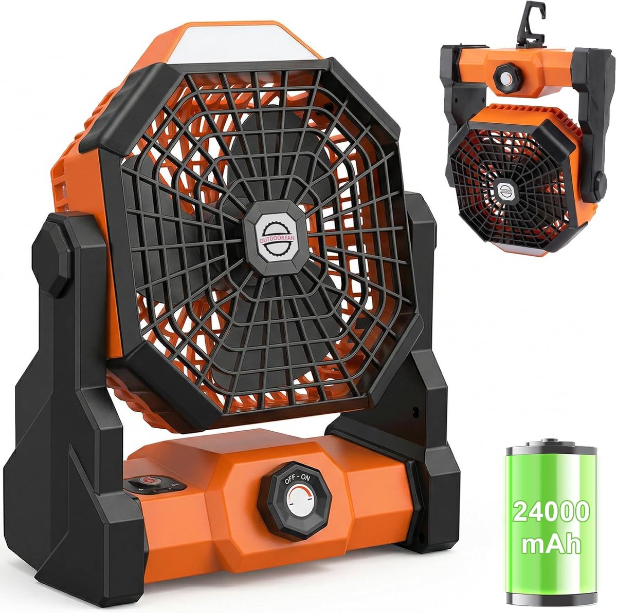 YAGXIG buitenventilator - oplaadbaar - campingventilator en LED-licht - 8 inch draagbare ventilatorriem - werkt op batterijen - buitententventilator, essentieel kampeeraccessoire - oranje