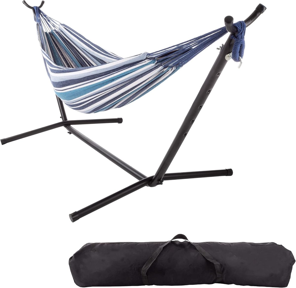 Stoffen Hangmat - Met Standaard - Ontspannen Buiten - Draagbaar Met Tas - 287 cm Lengte - Blauw Wit Streep